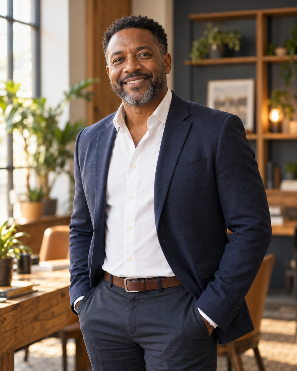 Illustrative portrait of a Black man business owner in his office